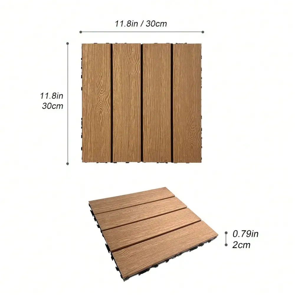 Wood Plastic Composite Deck Tiles Set of 20pcs DIY Interlocking Decking Tiles Waterproof  Indoor Outdoor 12x12in Light Coffee