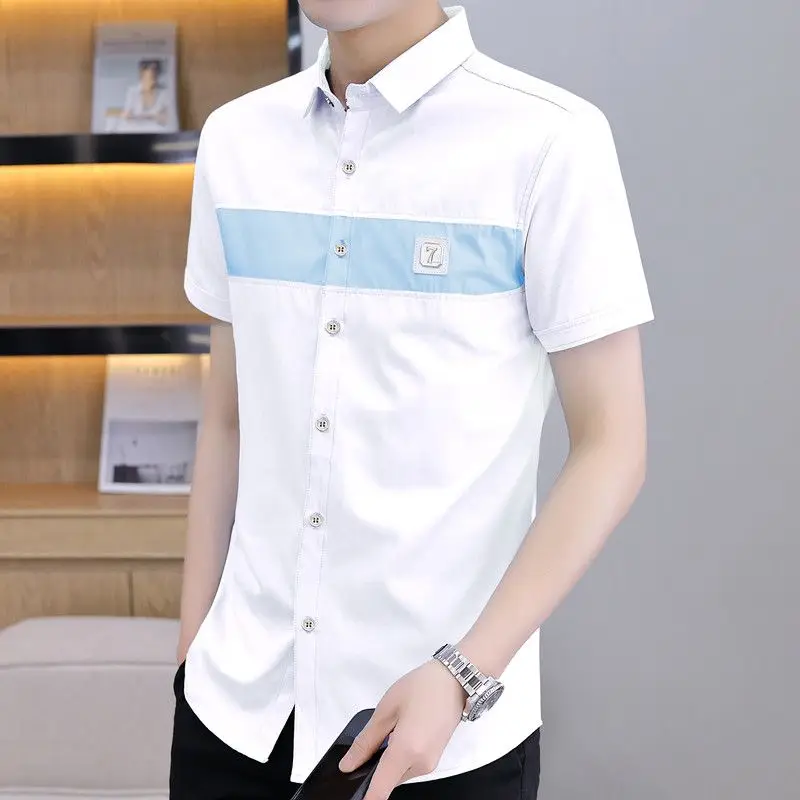 2024 New Summer Fashion Trend Simple Casual Business Lapel Contrasting Color Versatile Slim Fit Short Sleeved Shirt for Men