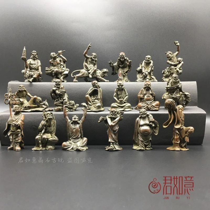 

Vintage Patina Solid Brass Eighteen Arhat Figurines Set Brass Buddha Tea Pet Antique Buddha Statue Brassware Collection