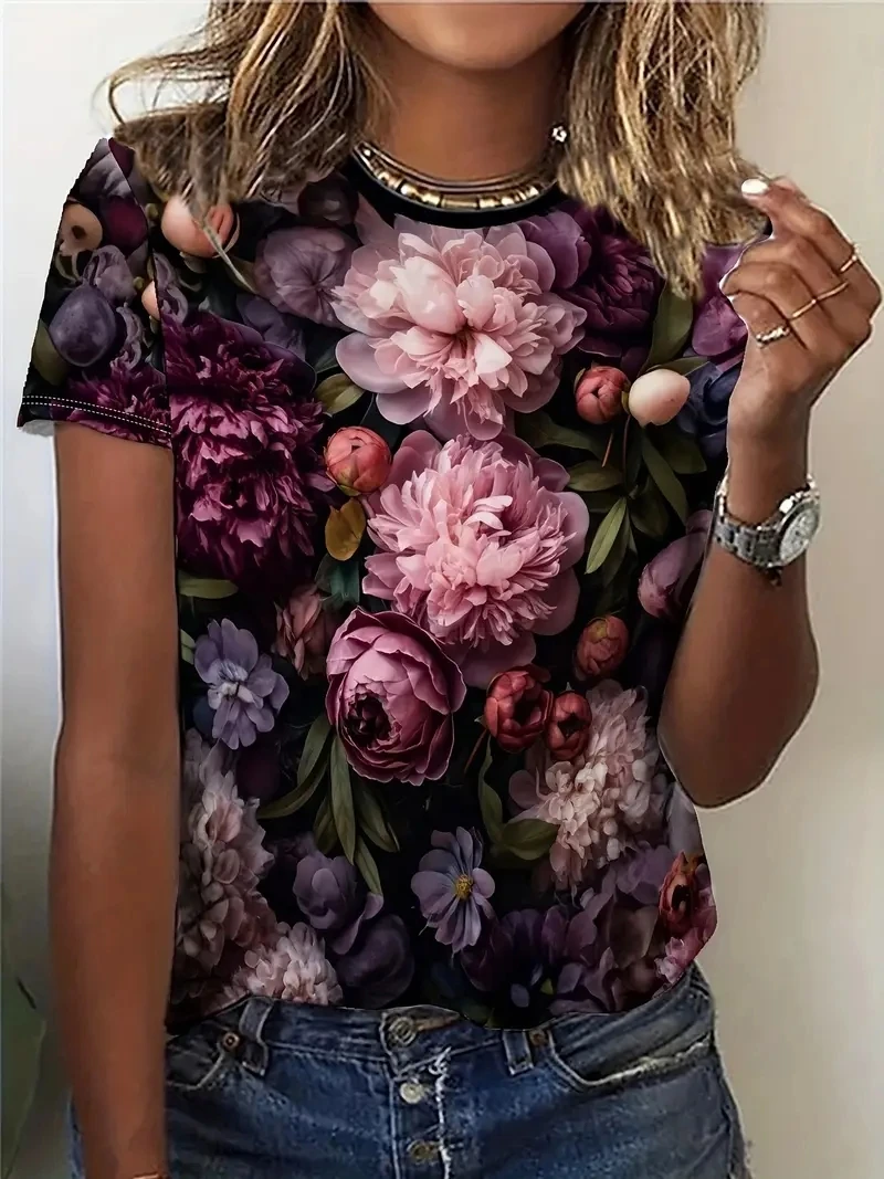 

Women's Plus Size 3D Floral Printed Short Sleeved T-shirt, Loose and Casual, Soft, Comfortable and Breathable, Outdoor Sports