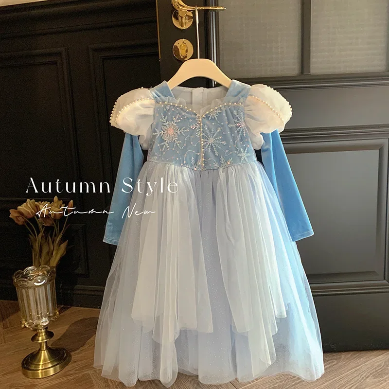 Baby Girls Dress Fashion Snowflake Blue Tulle Dress Birthday Clothes Thickening 2024 Winter New Childrens Puffy Princess Dress