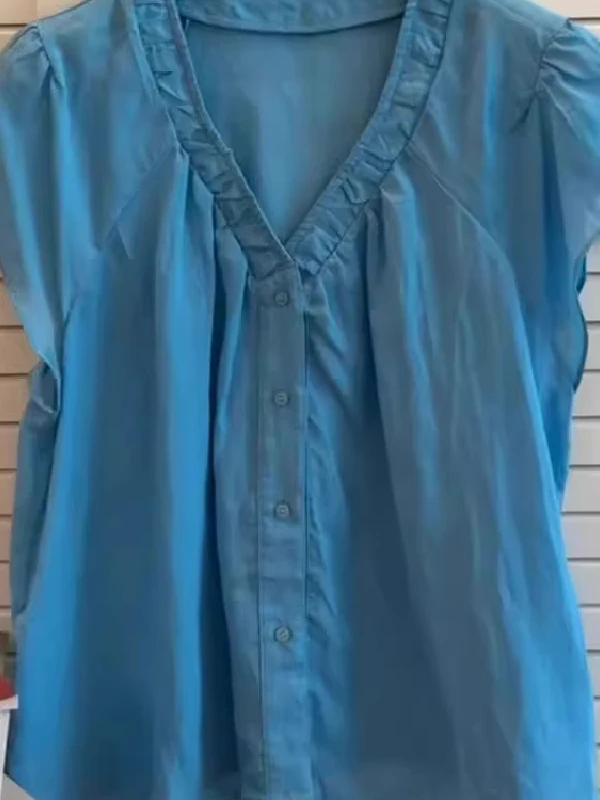 

Женские летние большие размеры irt Lake Blue с v-образным вырезом из хлопка и льна и марли, плиссированные полиэстеровые повседневные офисные рукава