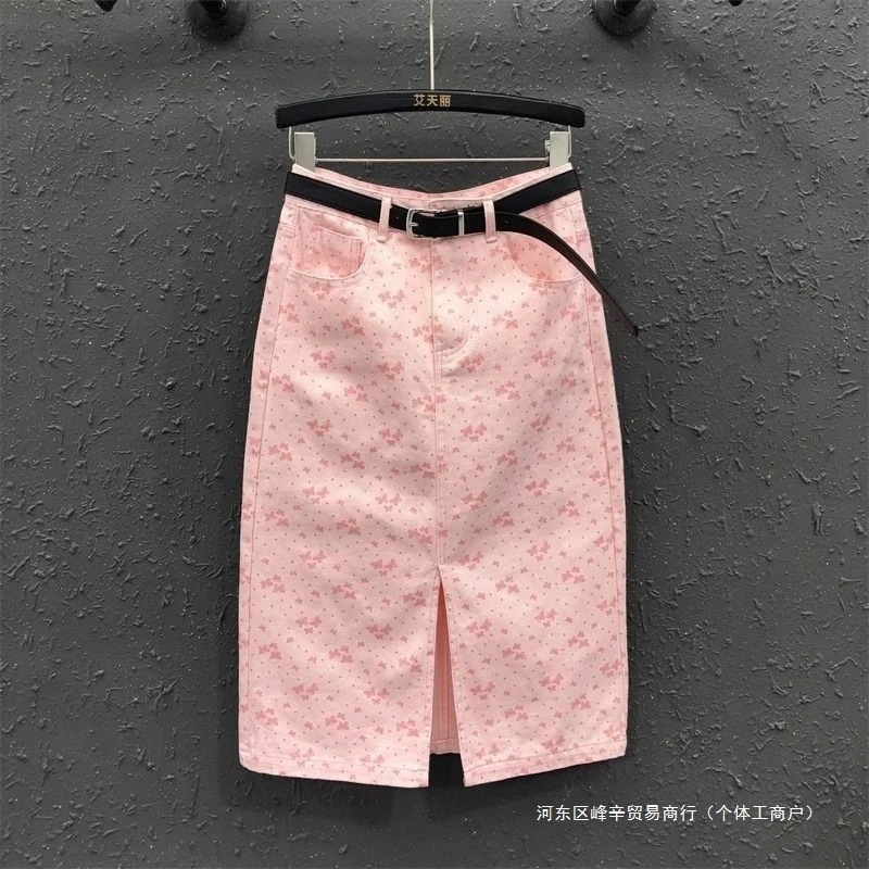 

Pink Floral Print Denim Skirt Women High Waist Midi Length 2025 New Fashion Summer Youthful Casual Style Mid Rise A-Line Skirt