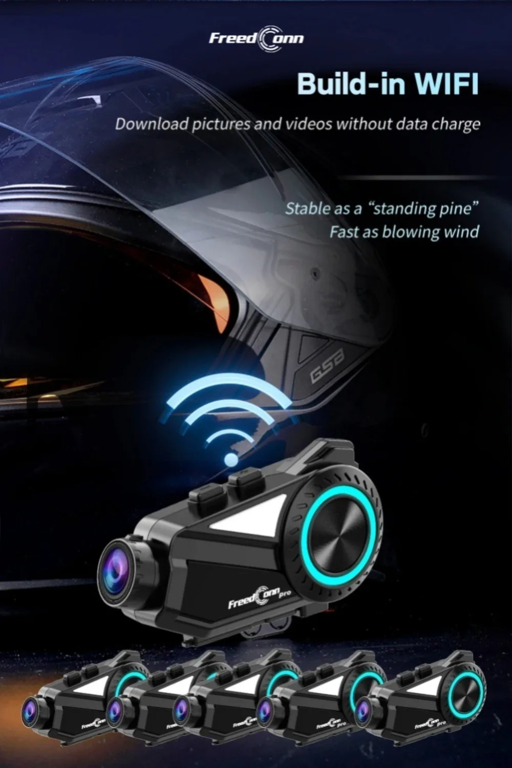 Freedconn Helmet Headset DVR Motorcycle Intercom WiFi App 1440P Motorbike Dash Cam Motor Music Share FM