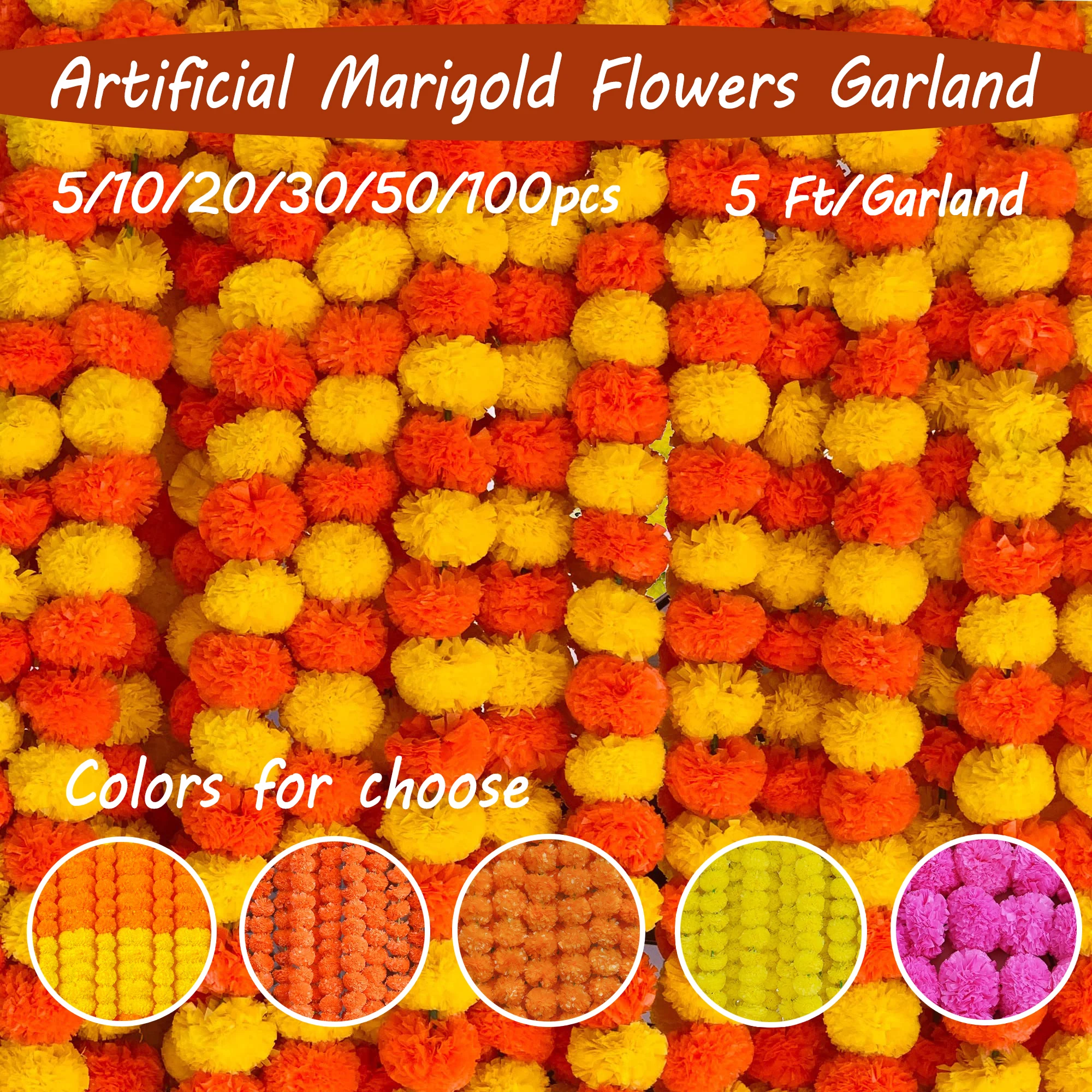 Guirnalda de caléndula para decoración, caléndula Artificial de 5 pies para Fiesta mexicana, Día de los muertos, decoración de Pooja Diwali, 5-100 Uds.