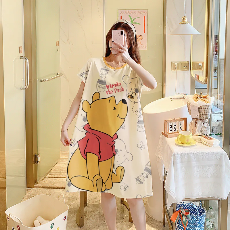 Disney Pooh Bear StellaLou Dress Sleepwear Cartoon Anime Sleepwear Women Summer Nightgown Girl Oversized Casual Cute Homewear