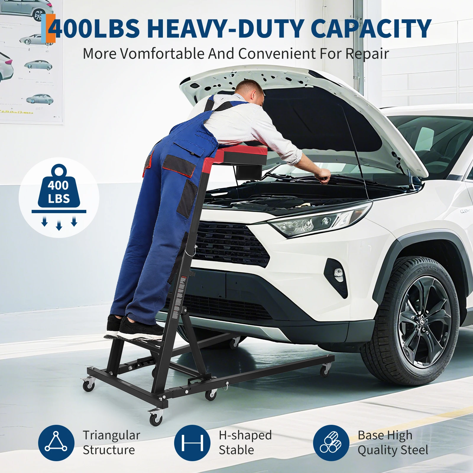400LBS Klappbarer Motorreparaturstuhl, Höhenverstellbar 48"-66", 6 Schwenkrollen, Dicke Polsterung & Werkzeugtasche für Auto-, LKW- und SUV-Reparaturen