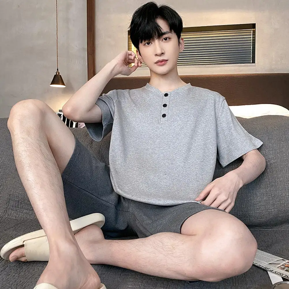 Men Loungewear Men's Summer Loungewear Set with O-neck Short Sleeve T-shirt Wide Leg Shorts Elastic Waist Pajamas Set for Loose