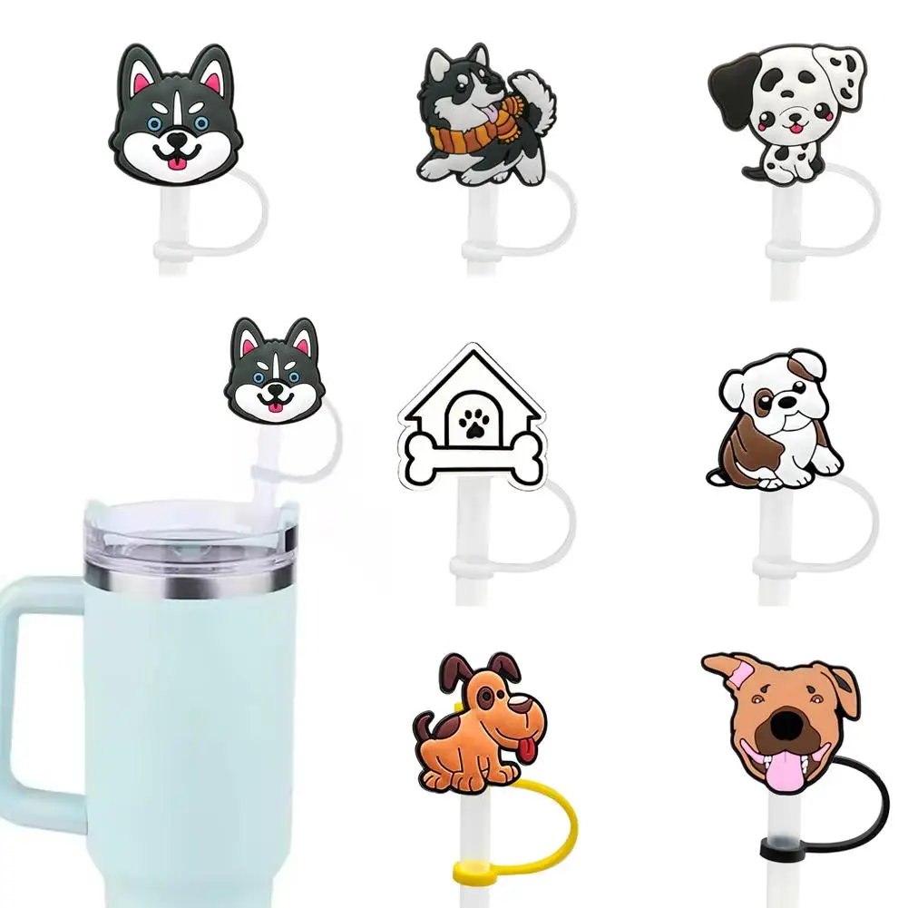 New Cartoon Cute Dog Straw Cover Cap 10MM Drink Straw Reusable Drinking Pendant Cap Fit Cup Straw Splash Plug Proof D6S8