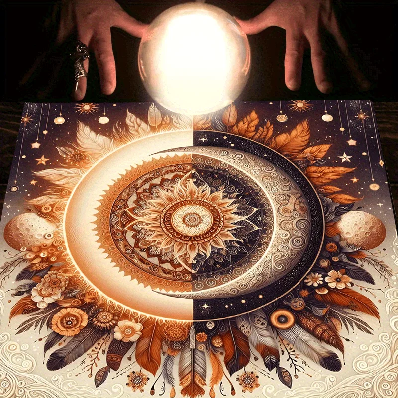 VIKAMA Sun Moon Mandala Feather Tarot Card Tablecloth Crystal Ball Divination Altar Cloth Spiritual Ceremony Table Mat