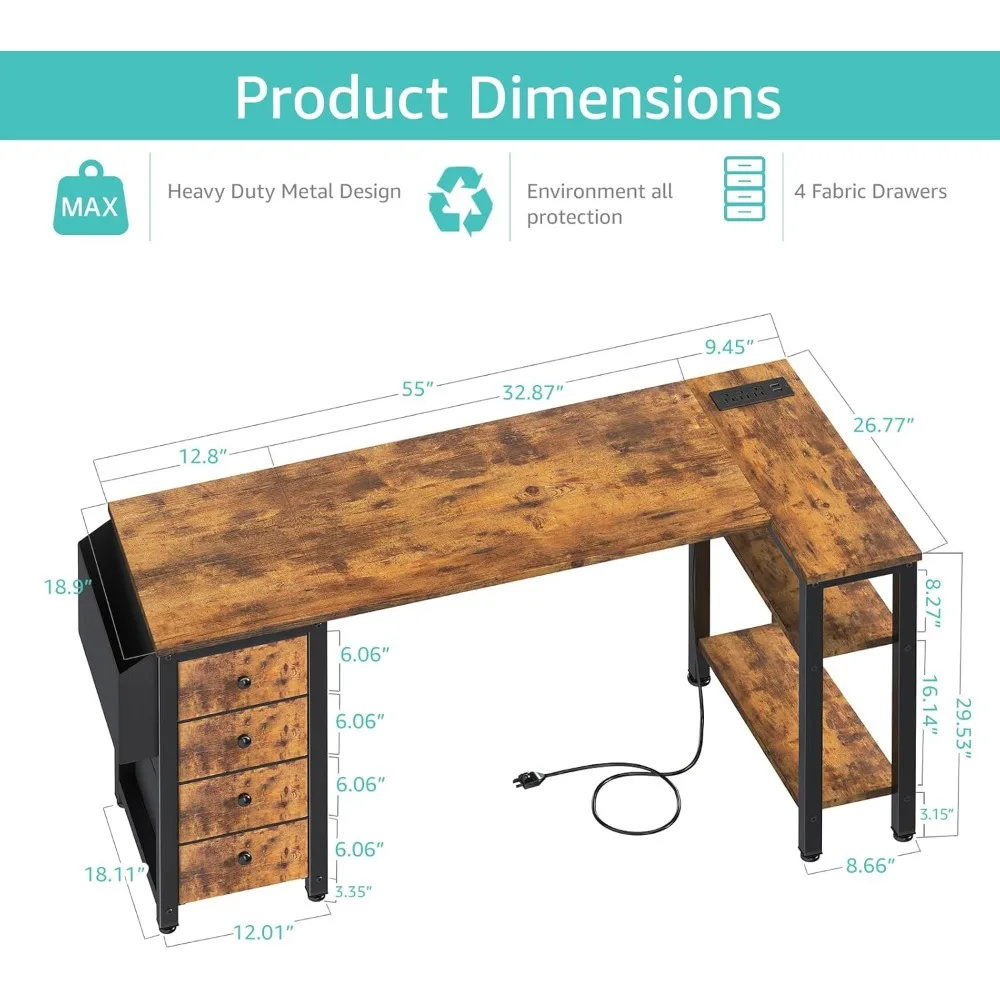 مكتب Lufeiya على شكل حرف L مع أدراج وتخزين، محطة عمل 55 زاوية مع مخرج طاقة للمكتب المنزلي أو غرفة النوم #3