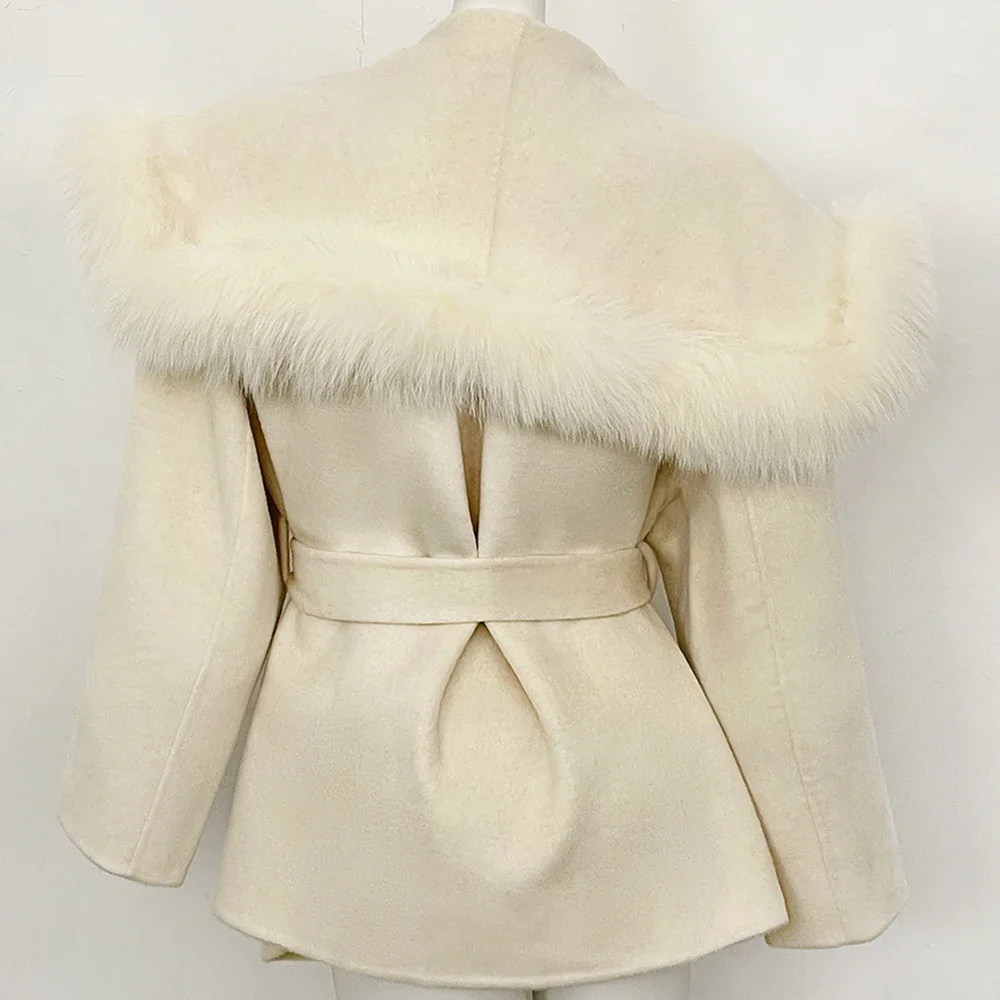 OFTBUY Neue Luxus-Winterkleidung für Damen, Naturpelz, 100% Wollmantel, großer Echtfuchspelzkragen, Gürteljacke für Damen – Detail 15