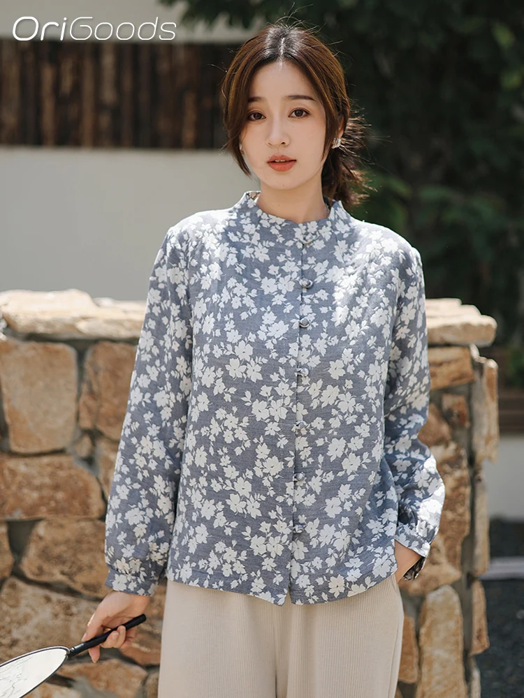

OriGoods Cotton Linen Jacket Women 2025 New Autumn Long Sleeve Flower Print Shirt Coat Woman Loose Chinese Style Clothes Q157