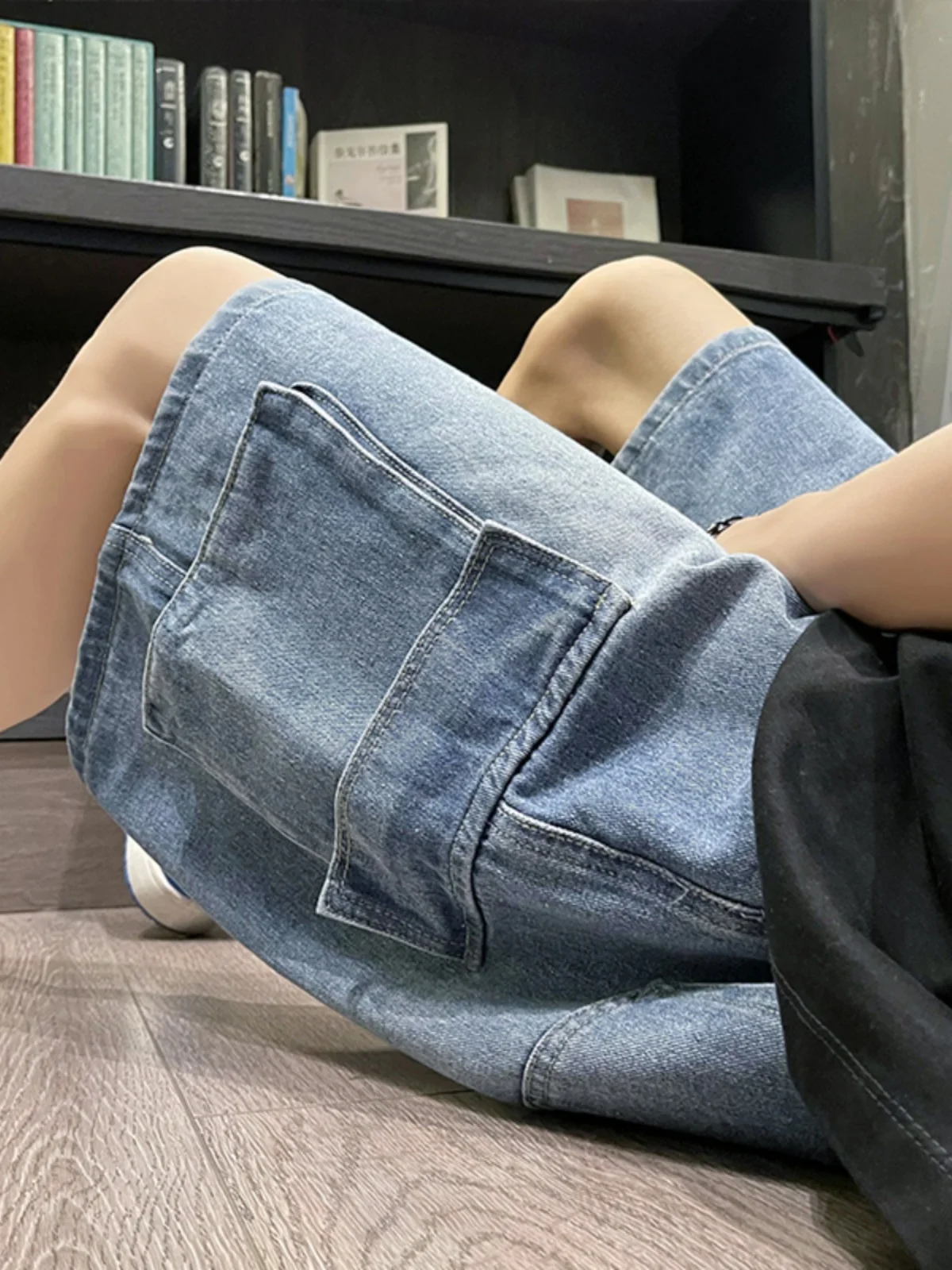 

Summer Casual Loose Men's Denim orts Multi-ket Trendy Hong Kong Sle Vintage Waed Low Waist Straight Leg Anti-Dirt