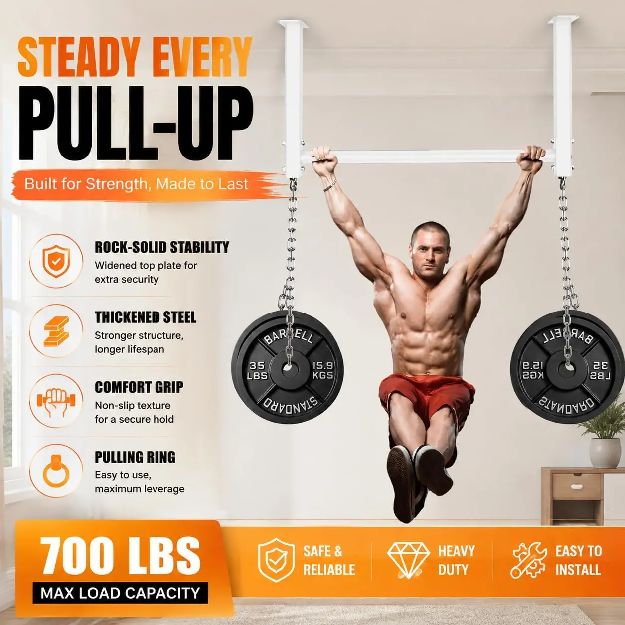 Ceiling-Mounted Pull-Up Bar, 700 LBS Heavy-Duty Multi-Grip Chin-Up Bar, 16