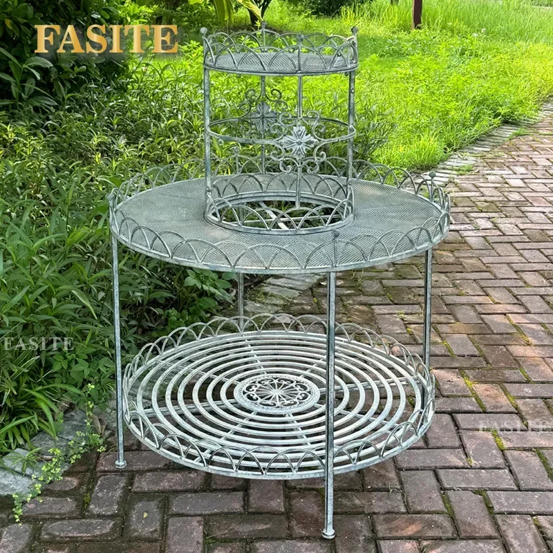 For Outdoor Garden Wrought Iron Flower Stand Retro Single Tier Circular Corner Floor to Ceiling Plant Pot Shelf Multi Layer