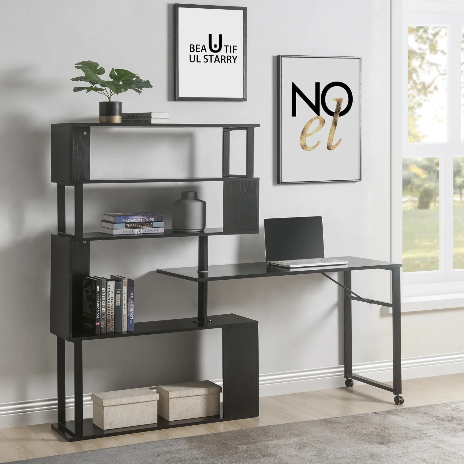 Home Office Computer Desk L-Shaped Corner Table, Rotating Computer Table with 5-Tier Bookshelf, Four Installation Methods, Locka