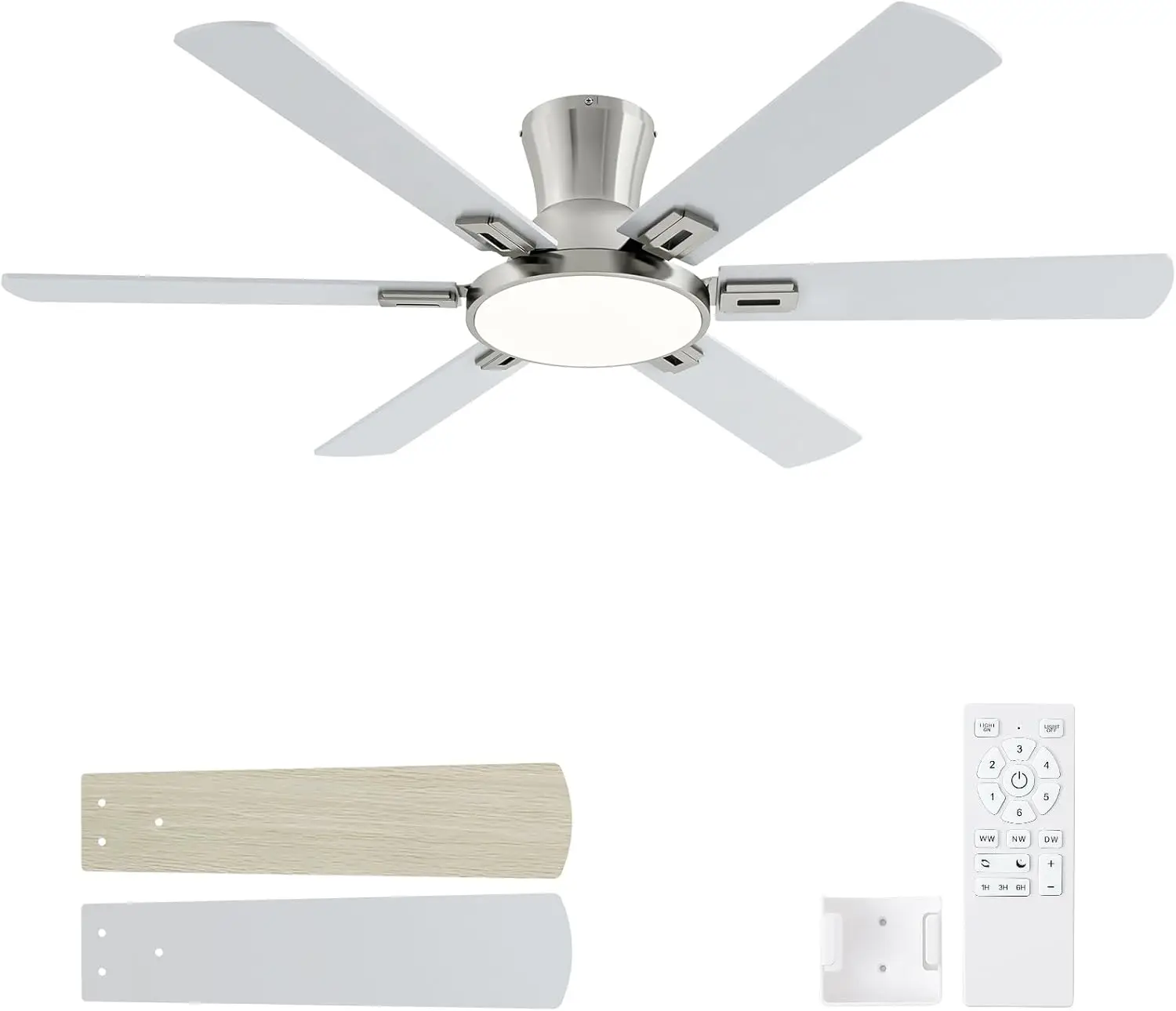 

52 Inch Brushed Nickel Ceiling Fans with Lights and Remote,Flush Mount Low Profile 6 Blades Ceiling Fan with 10 Inch Lighting