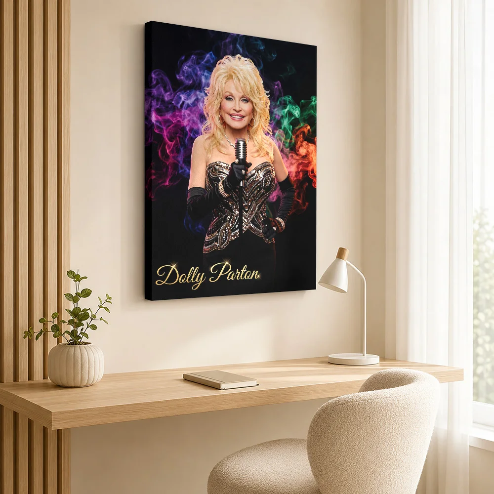 Dolly Parton With Colorful Smoke Canvas Print Customized Photo Golden Lettering And Dark Background Wall Art For Home Studio