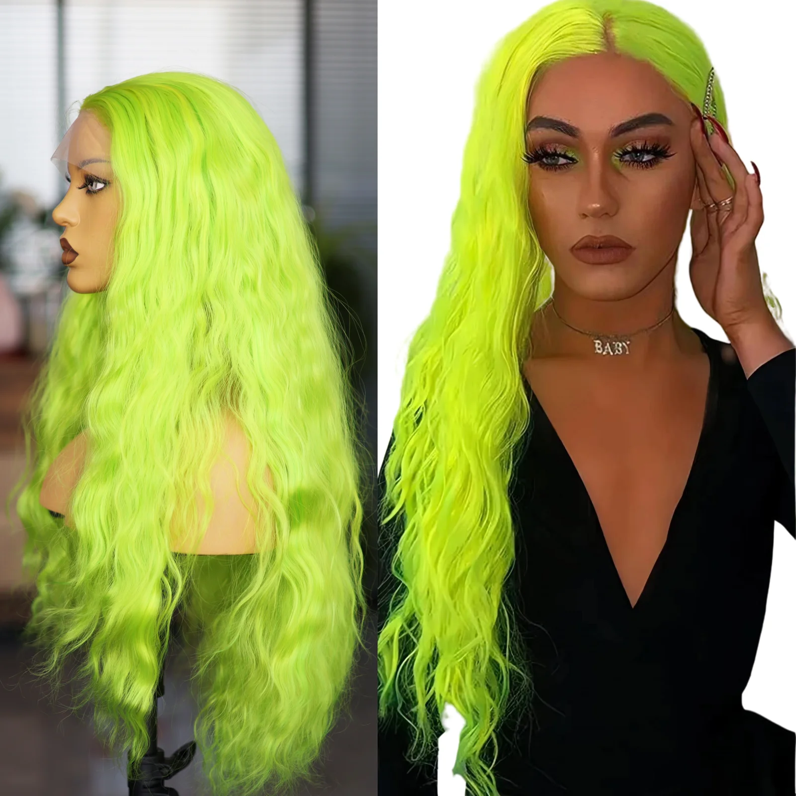 

Green Synthetic Long Wave Wig Front Lace Mesh Cap Natural Hallline Hair Lightweight Color-free Cosplay Woman Wig For Party