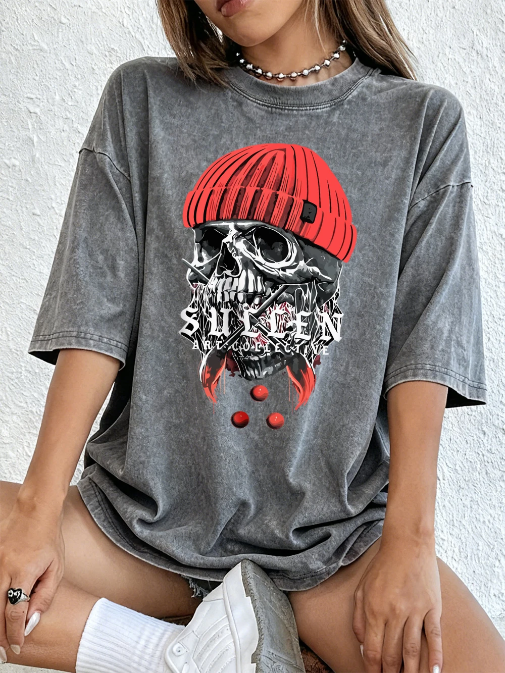 Sullen Skull Heads Printing Washed T-Shirts Womens Cotton Oversized Tees Summer Comfortable Short Sleeve Tops O-Neck Clothes