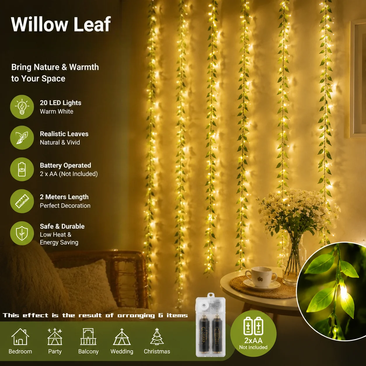 Battery Box Willow Curtain Lights 2M 20 LED Imitation Leaf Copper Wire String Lamp for Bedroom Wedding Home Wall Decor