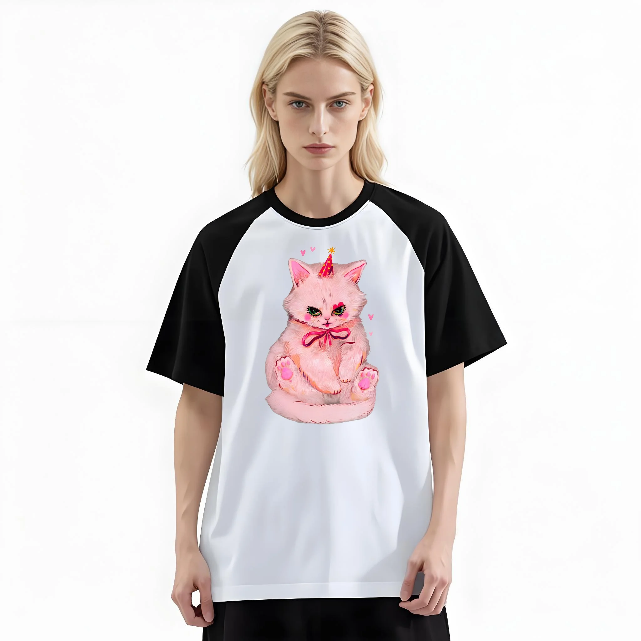 Women'S Fashion Raglan Sleeve T-Shirt, Party Hat Pink Fluffy Heart Kitten Printed, Summer Casual Comfortable Tee, Women'S Everyday Short-Sleeve Top