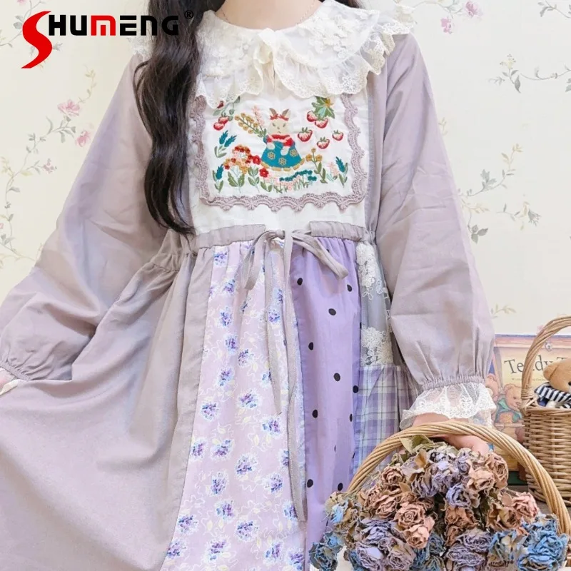 

Hot Girl's Sweet Purple Floral Patchwork Lace Spring Dress New Large Collar Embroidered Loose Dresses Women's Long Cute Vestidos