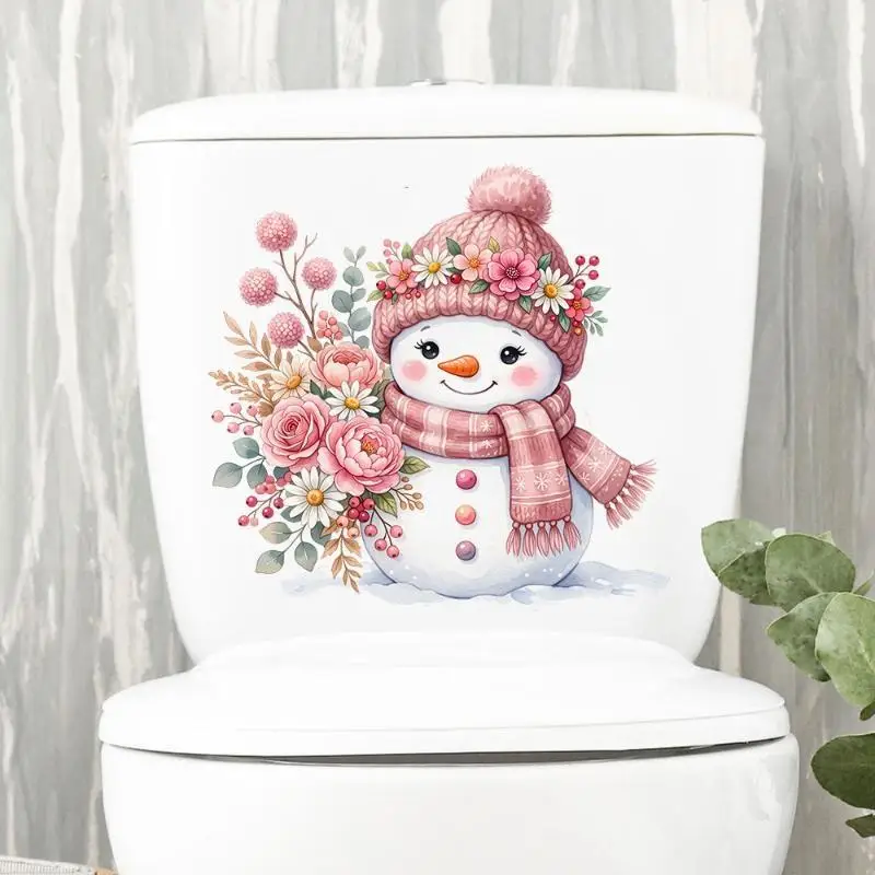 Pink Winter Snowman And Flower Toilet Seat Stickers Waterproof Anti Slip Removable Floor Bathroom Decor