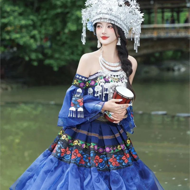 Vestido de bolo azul nacional exótico prata cocar desempenho novo estilo