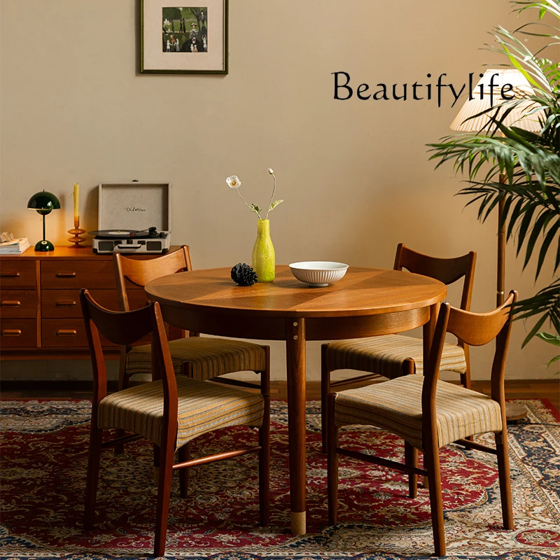 Solid wood retractable dining table Small household dining table Middle ancient retro style teak round eating table