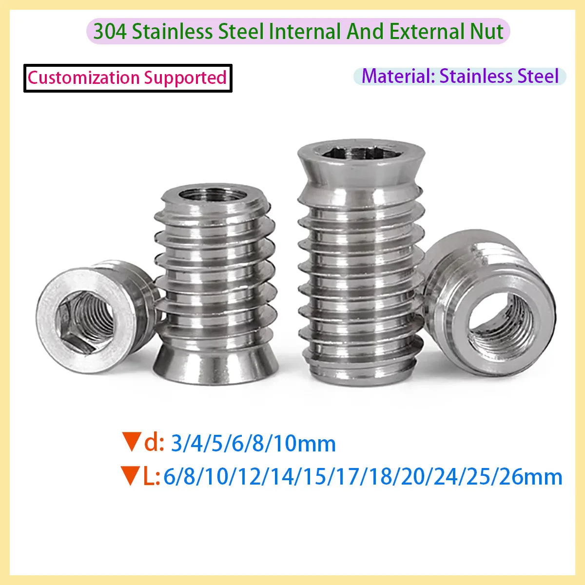

304 stainless steel hexagonal self tapping nut, wooden embedded furniture nut, 3/4/5/6/8/10mm