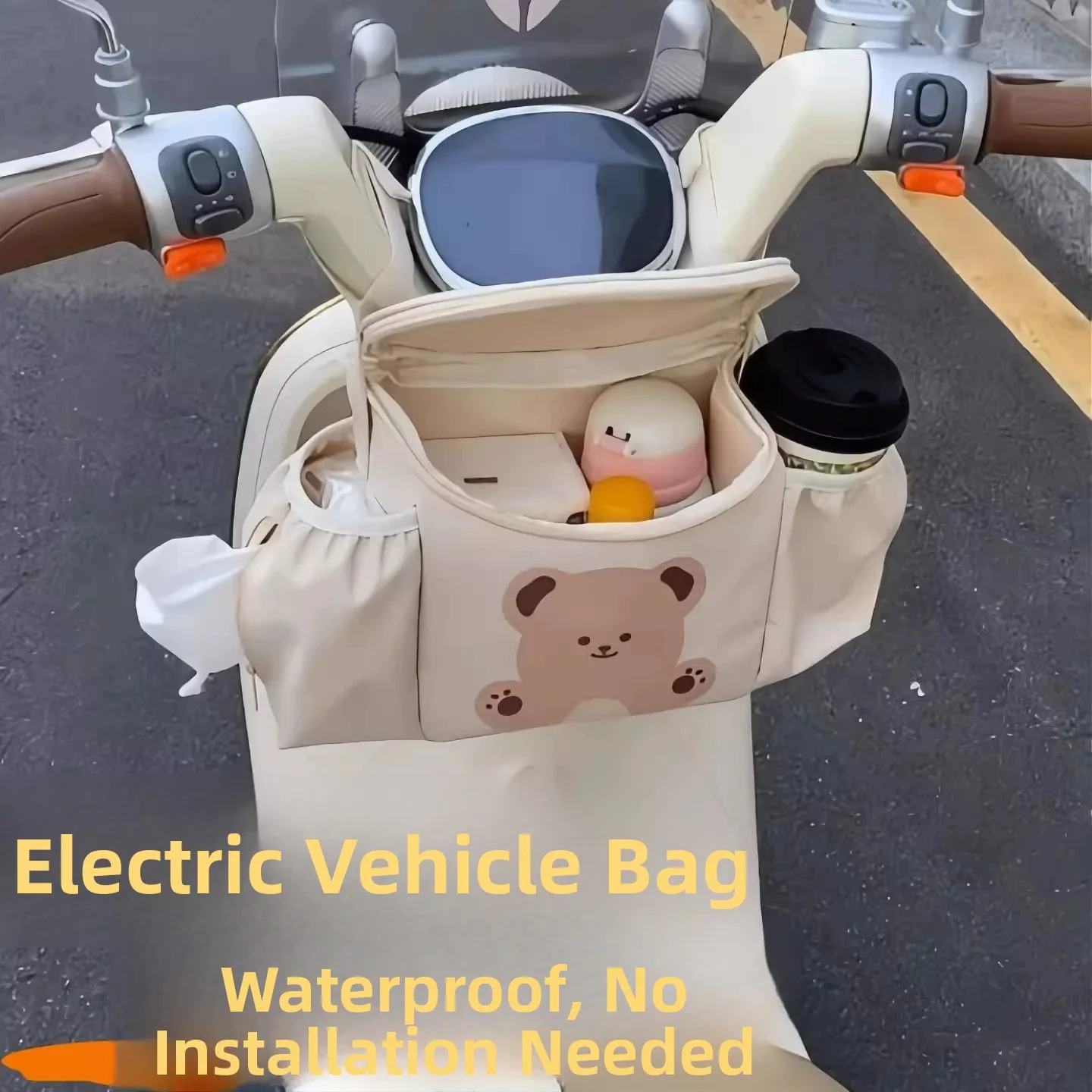 ユニバーサル大容量防水電気自動車用吊り下げバッグ、ベビーカーや三輪車用フロントマウント収納ポーチ