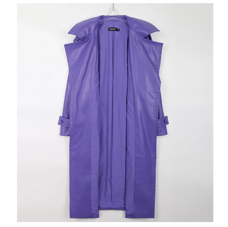 Mauroicardi Spring Long Waterproof Soft Purple Pu Leather Trench Coat for Women Sashes Luxury Elegant Leather Overcoat 2025