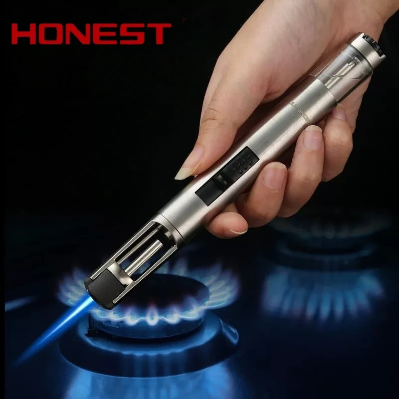 Metal High-temperature Visual Window Inflatable Lighter Windproof Jet Flame Butane Gas Kitchen Outdoor Spray Gun Lighter