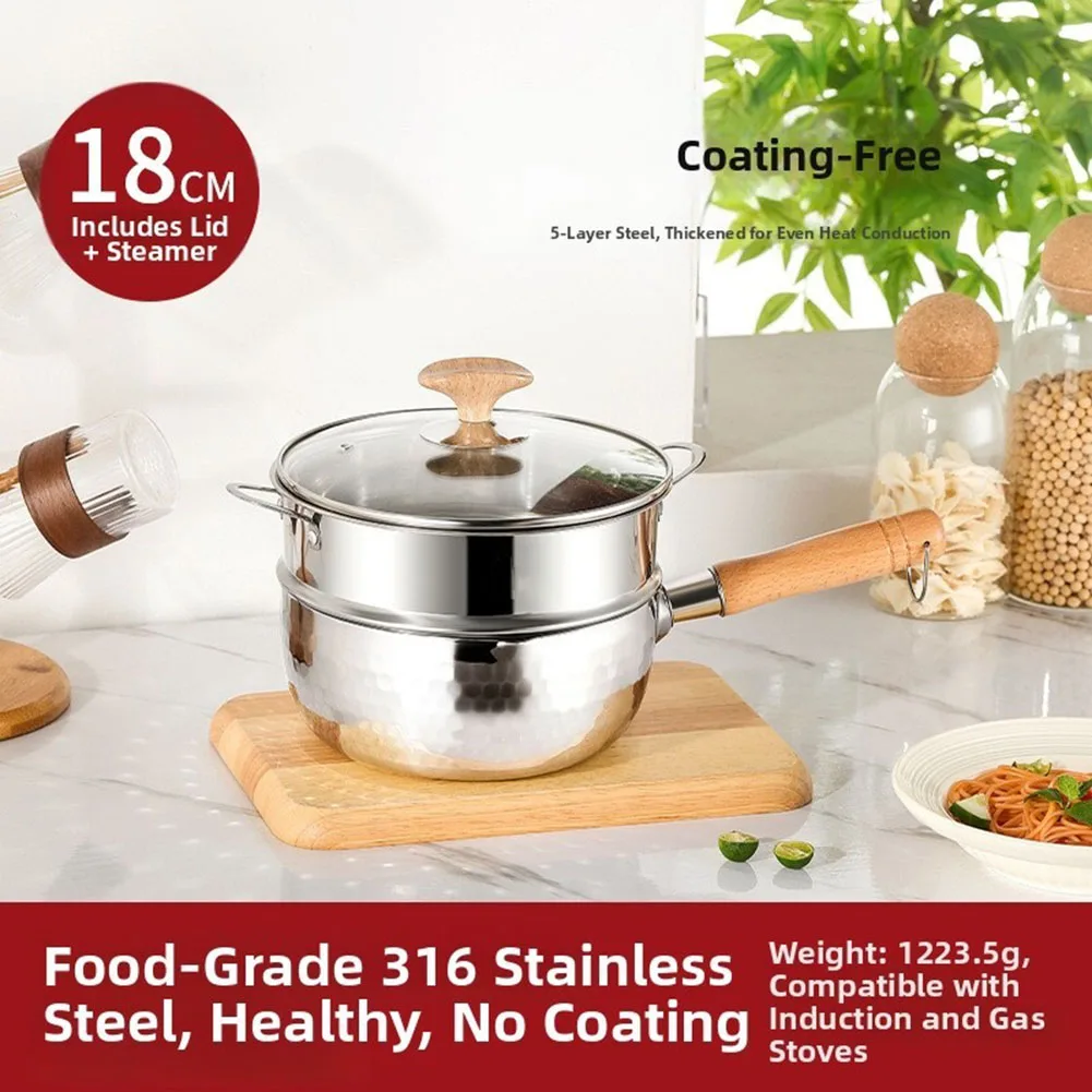 Stainless Steel Saucepan with Steamer Basket Glass Lid and Precision Pour Spout for Consistent Heat Distribution and Control