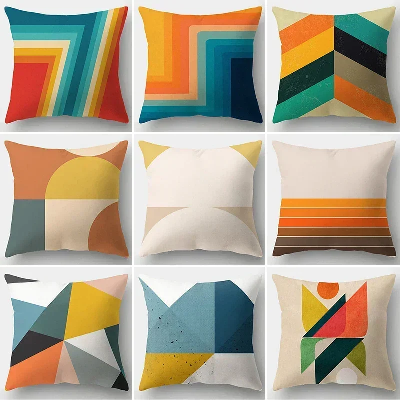 Rainbow Geometric Creative Print Cushion Cover Striped Pillowcase  Sofa Home Decor  45x45cm