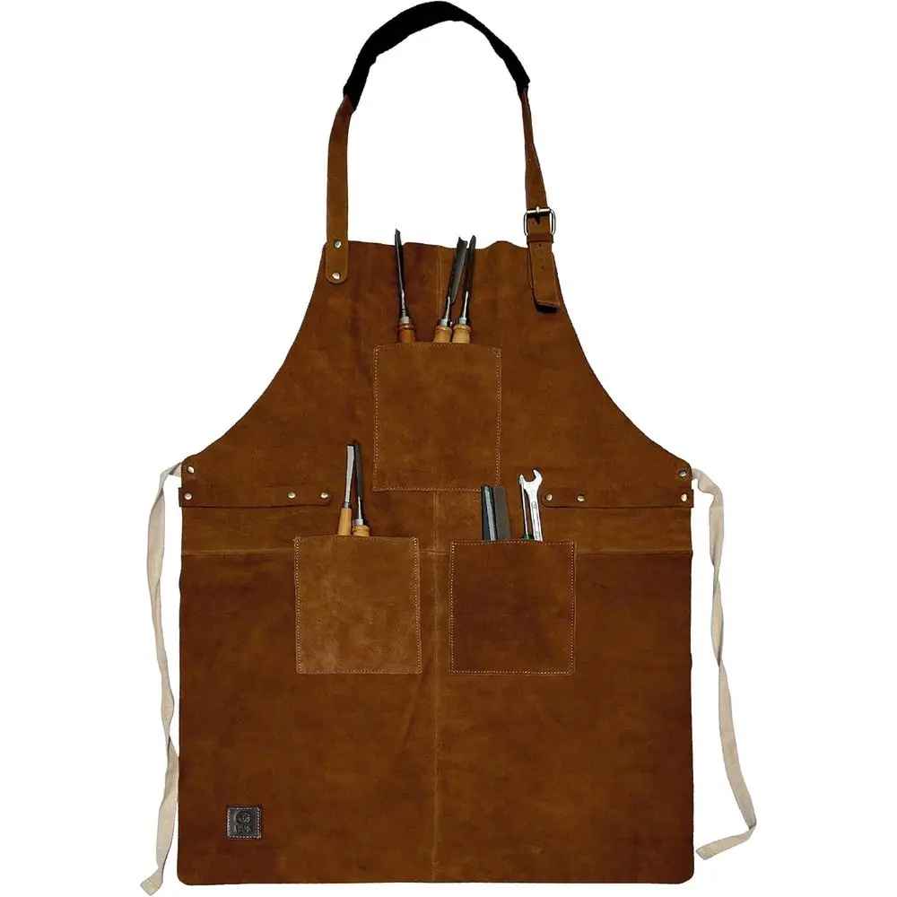 

Leather Grill Work Apron with Tool Pockets - Adjustable up to XXL for Men & Women