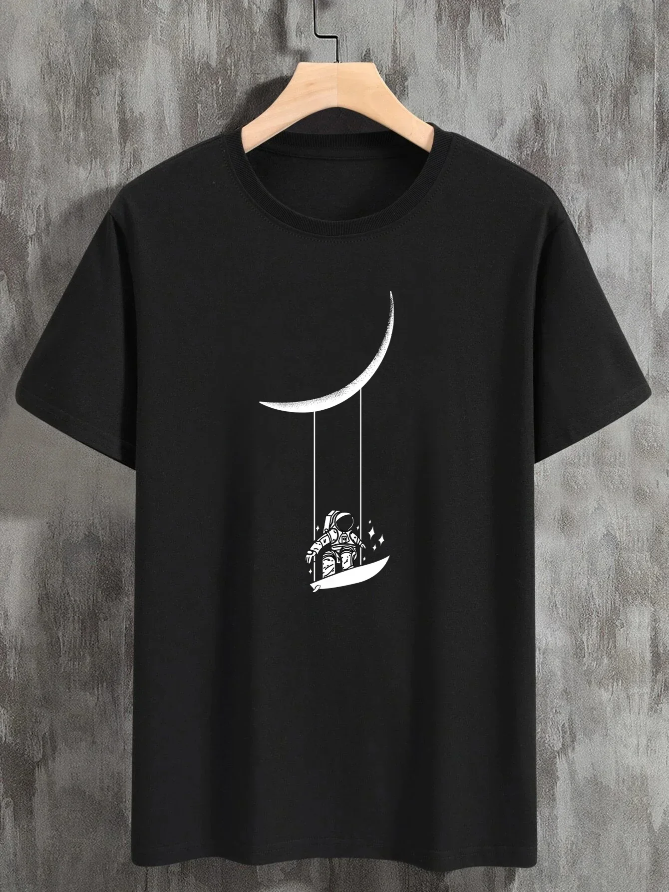 Astronaut Moon Swing Print Men's T-Shirt, 100% Cotton Crew Neck Short Sleeve Top, Spring Summer Menswear High Quality