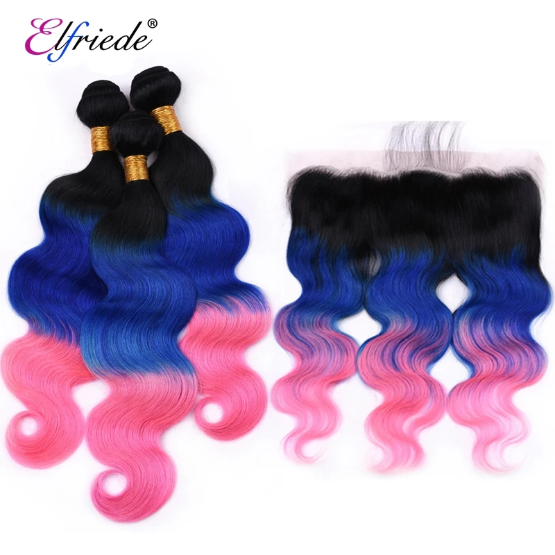 Elfriede Body Wave Precolored #T1B/Blue/Pink Hair Bundles with Frontal Human Hair 3 Bundles with Transparent Lace Frontal 13x4