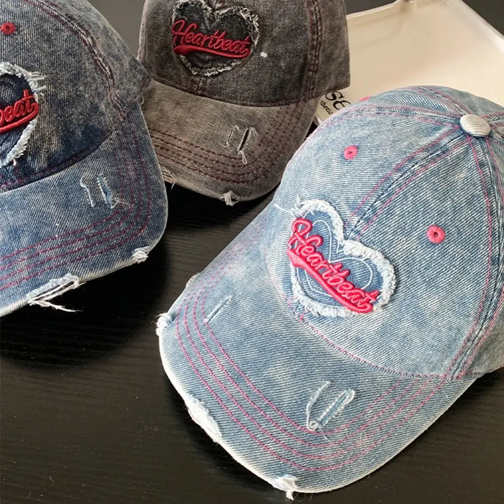 

Fashionable Vintage Baseball Cap Denim Wide Brim Duckbill Cap Love-themed Pattern Embroidery Denim Hat for Women Girls