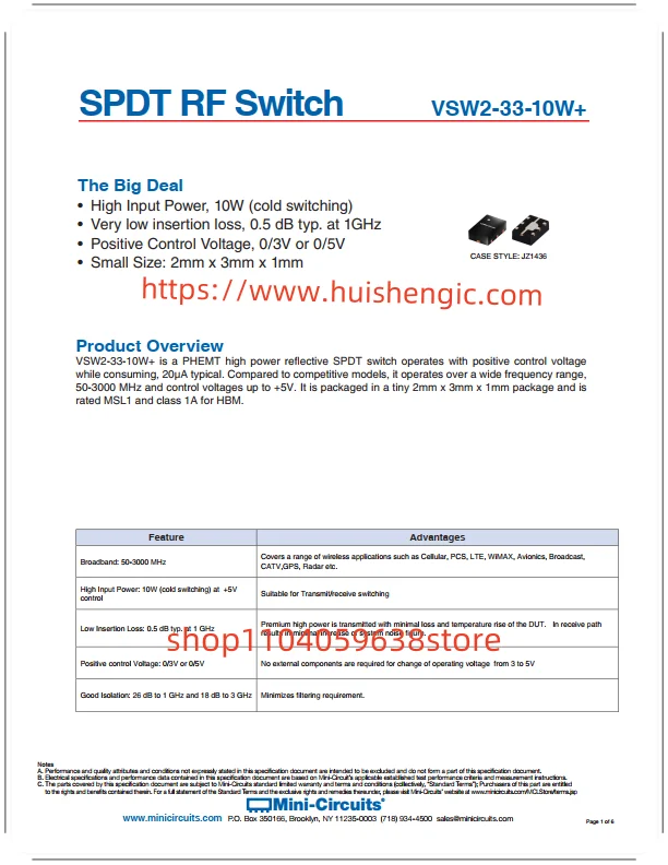    VSW2-33-10W+  RF Switch IC Mobile, ISM, PCS, LTE, TDS-CDMA, W-CDMA, WiMAX SPDT 50m Original Stock