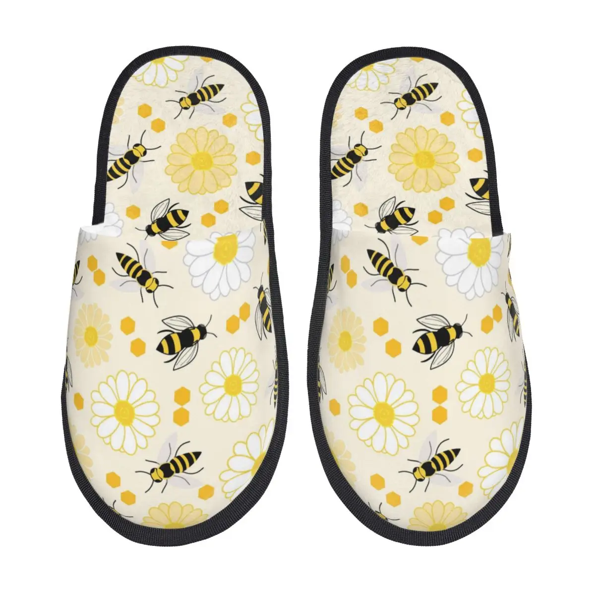 Custom Black Honey Bees Flowers Soft Memory Foam House Slippers Women Comfy Warm Anti-Skid Slipper