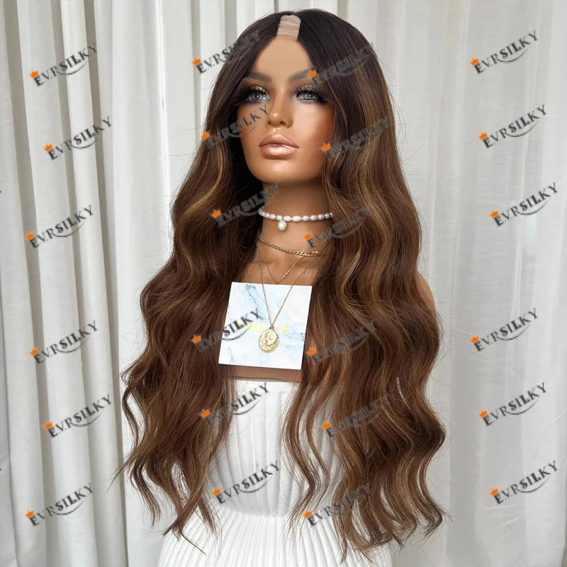 Eversilky Highlight Cooper Brown Bayalage Blonde Long Wavy 1x4 Middle U Part Wigs for Black Women Daily Easy Wear V Part Wigs