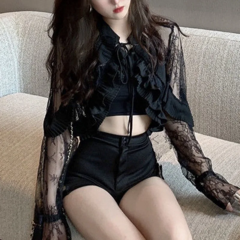 Cardigans en dentelle à manches longues pour femmes, vêtements d'été fins pour filles, protection solaire, style coréen, rue haute, nouveau design simple