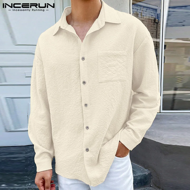 

INCERUN Men's Shirt Solid Color Lapel Long Sleeve Button Casual Men Clothing Streetwear 2024 Korean Style Fashion Shirts S-5XL