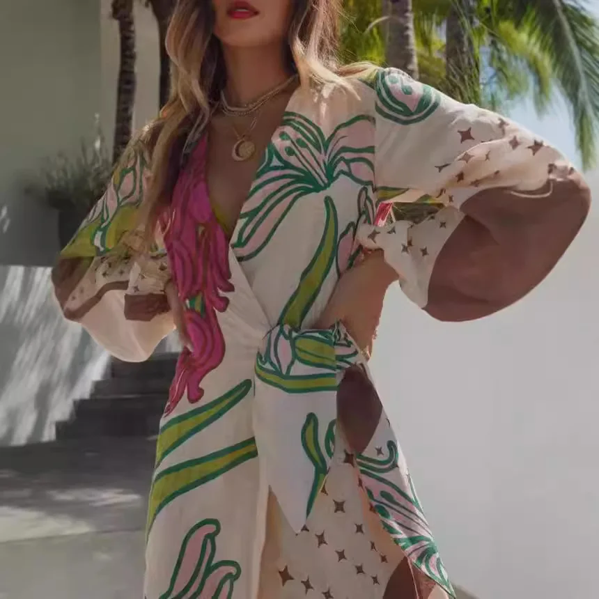 2025, bedrucktes Maxikleid für Damen, langärmelig, Urlaubs-Strand-Outfit, Gürtel, V-Ausschnitt, Knopfleiste, Boho-Urlaub, Kimono-Cardigan-Kleid