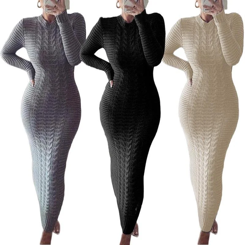 Plus Size Women Long Sleeve Sexy Bandage Dress, Autumn Winter Fashion Thicken Knit Dress, Female Cable-Knit Sweaters Jumper 3XL