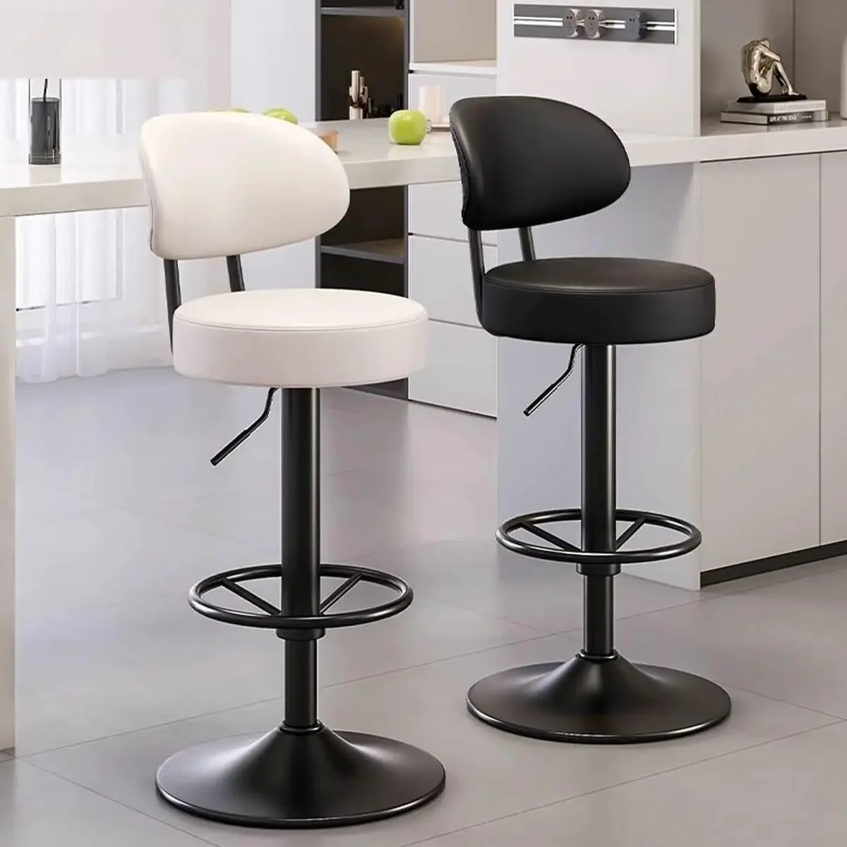 Modern Swivel Bar Stools with Adjustable Height, Stable Metal Frame and PU Leather Padded Seat, Backrest and Footrest for Kitche