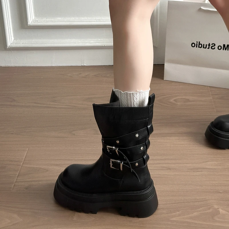Lined Warm Women Platform Mid Calf Boots Multi Buckle Strap Faux Leather Shoes Casual Autumn Thick Sole Motorcycle Boots